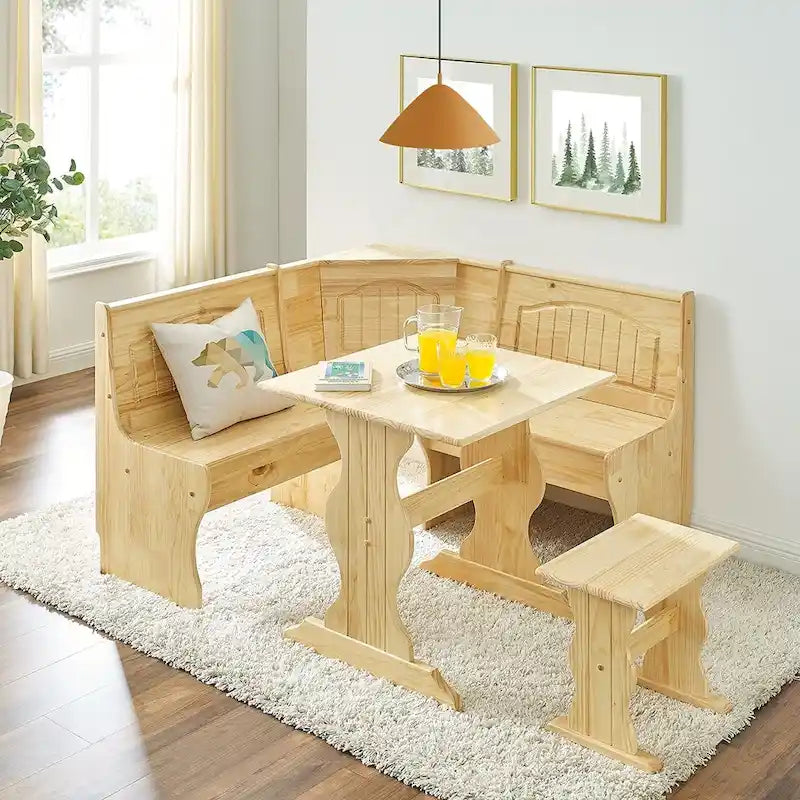 MUSEHOMEINC Frühstücksecke im traditionellen Stil, 3-teiliges Essgruppen-Set aus Massivholz mit Seitenbank und Esstisch mit verstecktem Stauraum