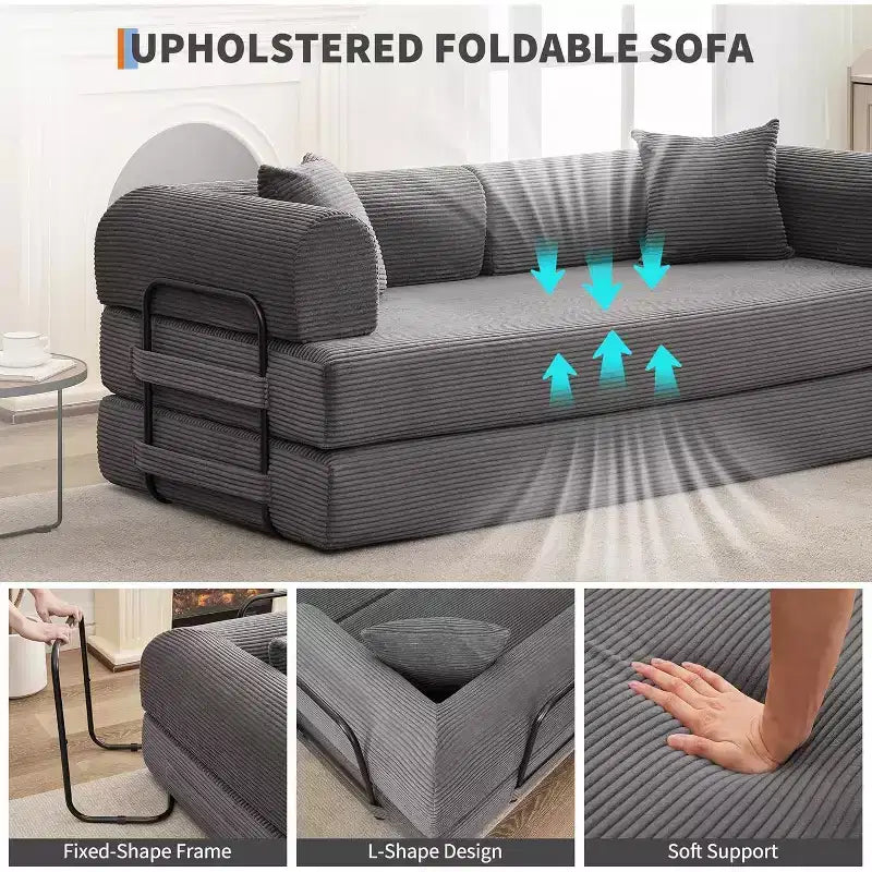 2-in-1-Schlafsofa, bequemes Klappsofa aus Cord mit tiefer Sitzfläche und breiten Armlehnen, Sofa ohne Gestell, für Wohnzimmer und Wohnungen