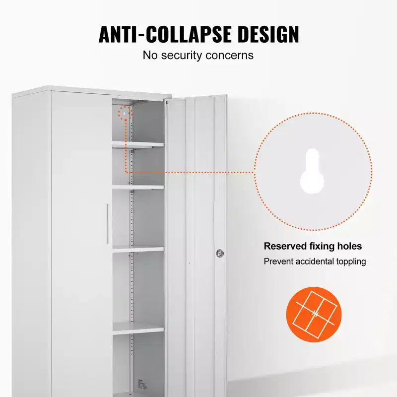 Armoire de rangement métallique VEVOR, armoire de rangement verrouillable en acier avec 2 portes magnétiques et 4 étagères réglables, armoire métallique de 71' d’une capacité de 200 lbs, blanche