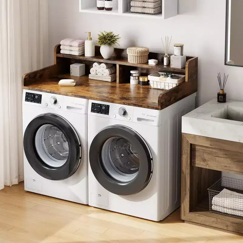 Plan de travail à 2 niveaux pour lave-linge et sèche-linge avec étagère ou tiroirs, couvre-linge avec tapis antidérapant, plateau de 54X27.5 pour plier le linge