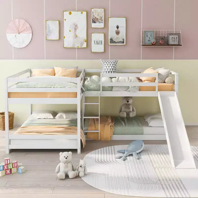 L-vormig stapelbed voor 4 kinderen, stapelbed voor vier met glijbaan, eenpersoonsbed en tweepersoonsbed, houten frame voor slaapkamer of studentenhuis