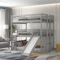 Dreifach-Etagenbett mit zwei Doppelbetten, umbaubarer Leiter und Rutsche, mit Schutzgittern, Weiß/Grau/Espresso - ModernLuxe