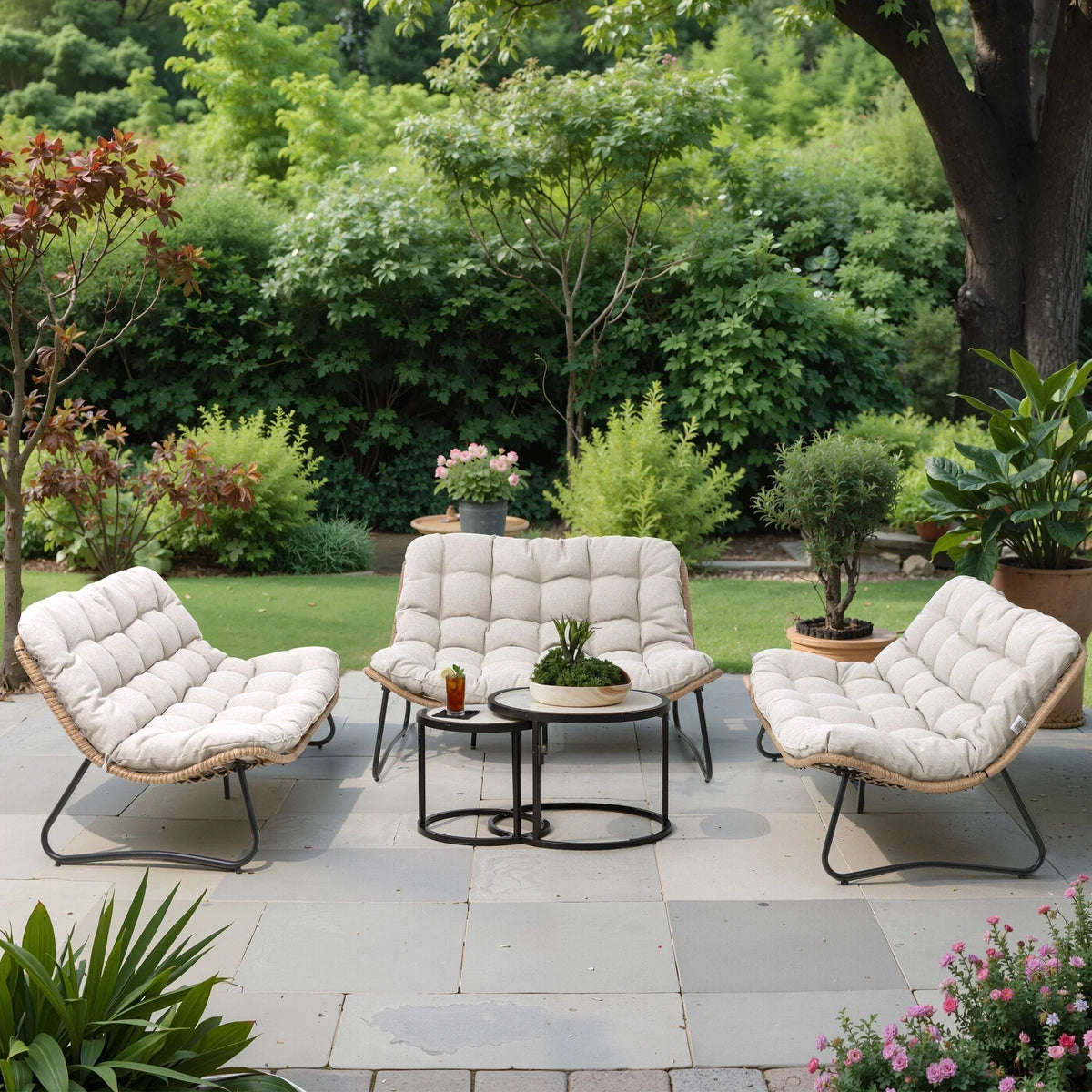 Doppel-Papasan-Sofa mit Sitzkissen, wetterfestes PE-Rattan und Metallgestell für Innen- und Außenbereich