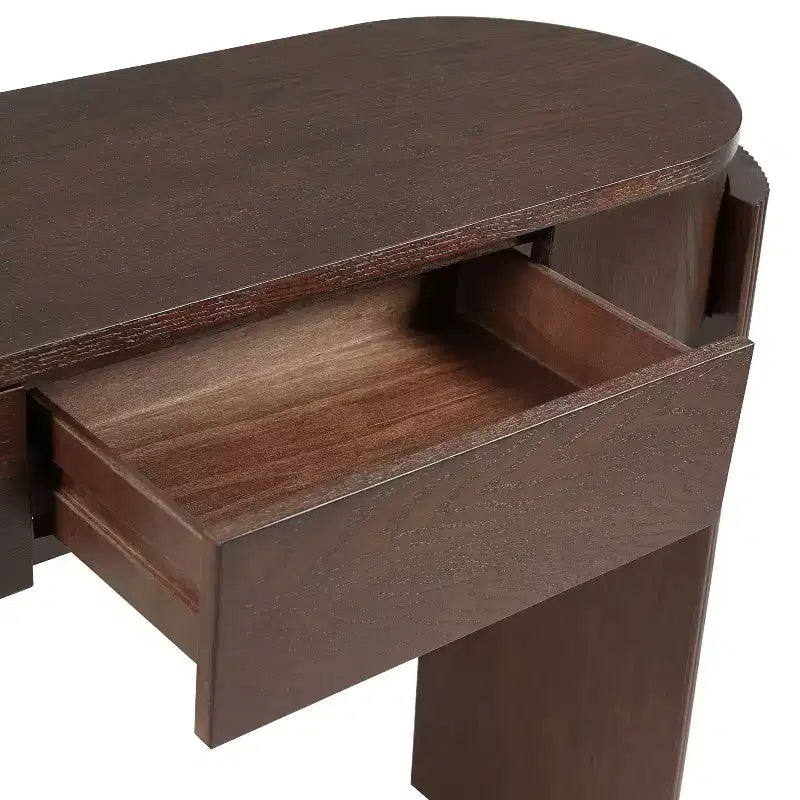 Table console moderne Merax à plateau ovale, avec pieds incurvés cannelés et deux tiroirs dissimulés