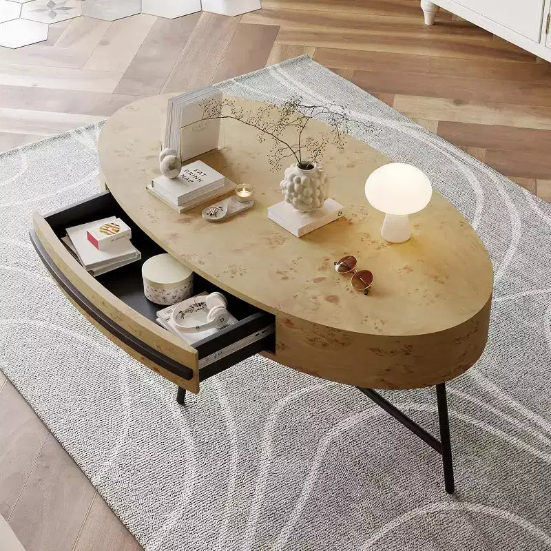 Acekool ovaler Couchtisch mit Schublade, 47.2, Holztisch mit Stauraum und gekreuzten Metallbeinen, moderner Mid-Century-Couchtisch in Naturfarben und goldenem Weidenholz