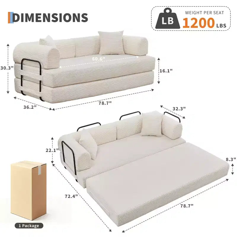 4-in-1-Schlafsofa, 79-Zoll-klappbare Cord-Couch ohne Gestell mit Kissen, ohne Montage, Zweisitzer für kleine Wohnungen
