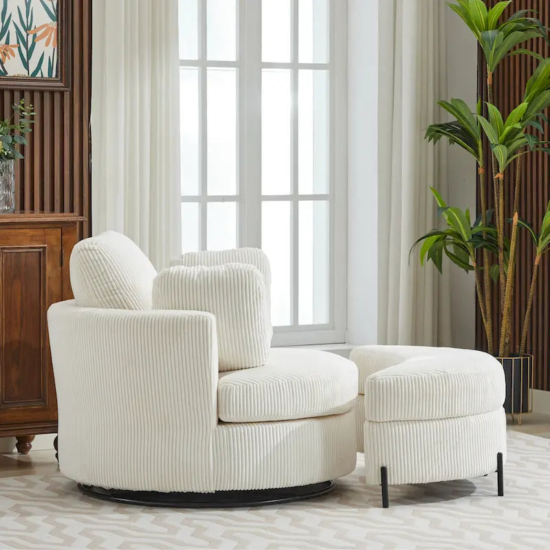 42.3W drehbarer Polstersessel mit 4 Kissen und halbmondförmigem Stauraumhocker