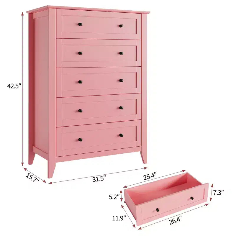 Kommode mit 5 Schubladen, 42.5 Zoll hoch, für das Schlafzimmer, Holzschrank mit 11.9 Zoll tiefen Schubladen und goldenen Metallgriffen, ideal für Eingangsbereich oder Flur