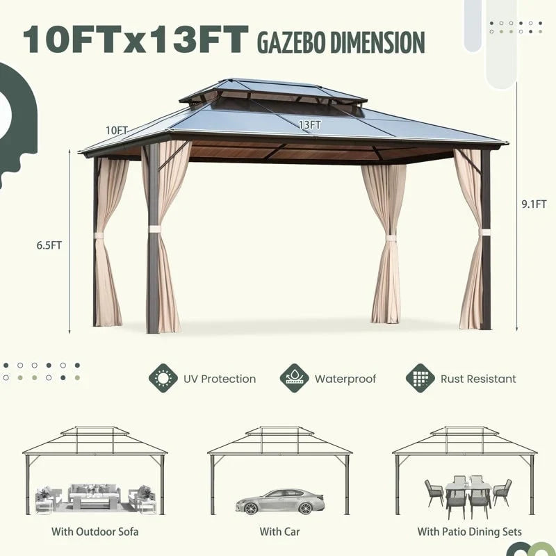 EROMMY Pavillon mit festem Dach, Pergola für den Außenbereich mit Doppeldach, Moskitonetz und Vorhängen, strapazierfähiges Sonnendach für Terrasse, Garten und Poolpartys