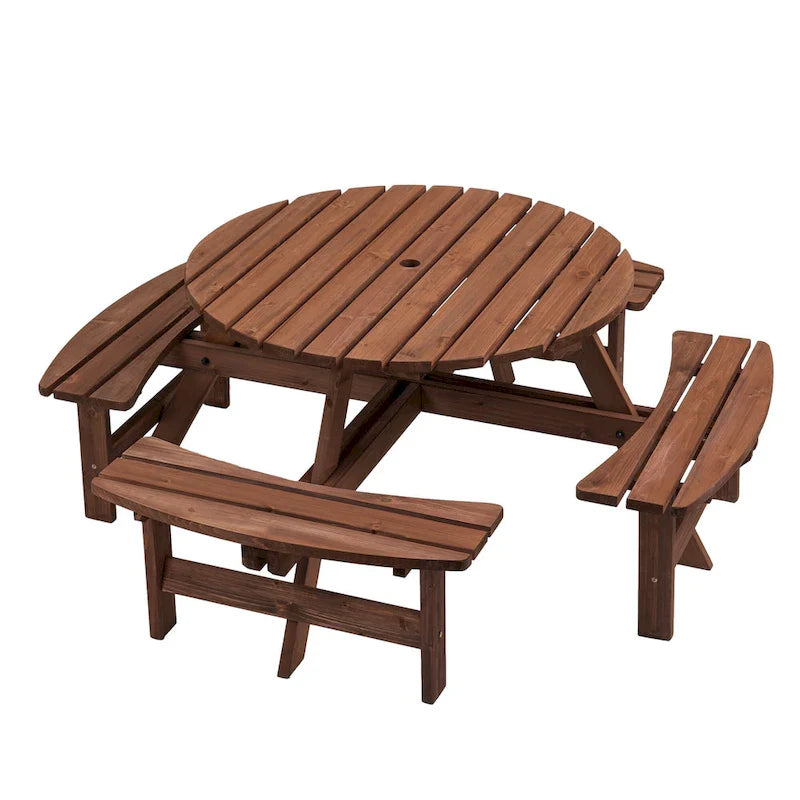 Rundes Picknickset aus Douglasienholz für 8 Personen für Terrasse und Garten, mit 4 integrierten Bänken und Schirmloch