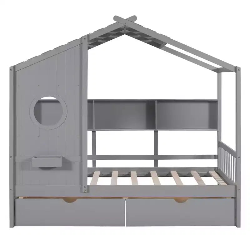 Holzhausbett in Twin-/Full-Size mit 2 Schubladen, Kinderbett mit Ablagefach - ModernLuxe