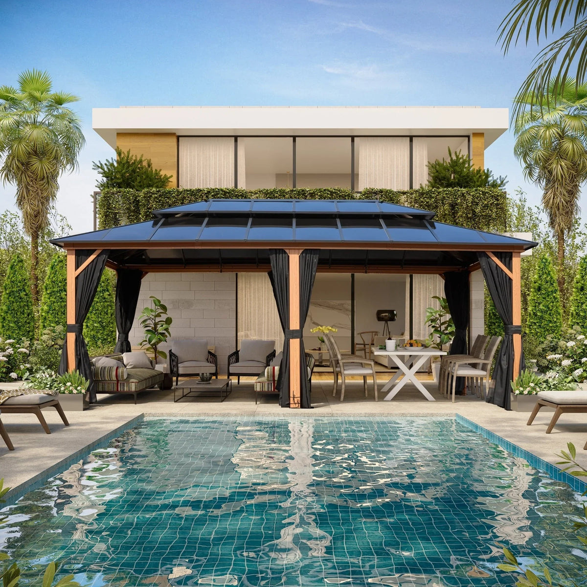 EROMMY Pavillon mit festem Dach, Pergola für den Außenbereich mit Doppeldach, Moskitonetz und Vorhängen, strapazierfähiges Sonnendach für Terrasse, Garten und Poolpartys