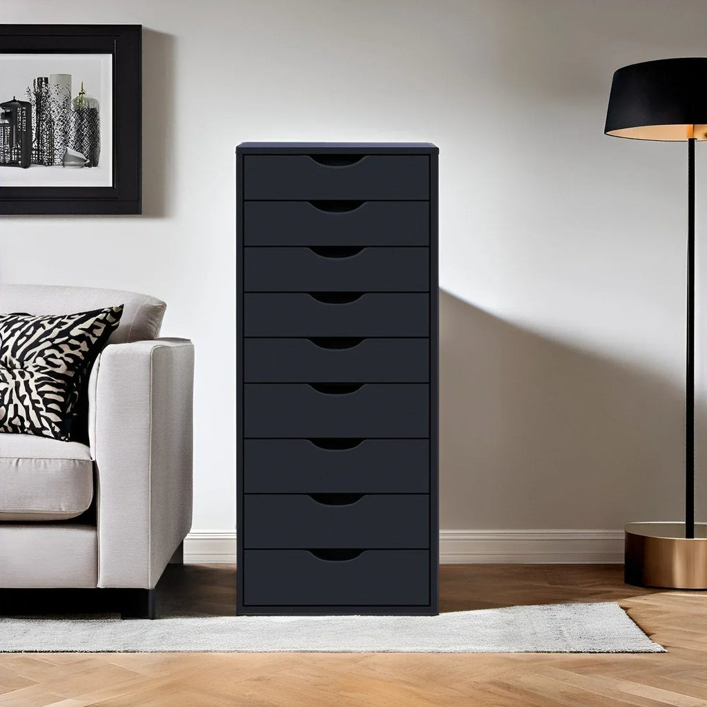 Smalle houten kast met 9 lades, soepel lopende lades en opbergplank bovenop