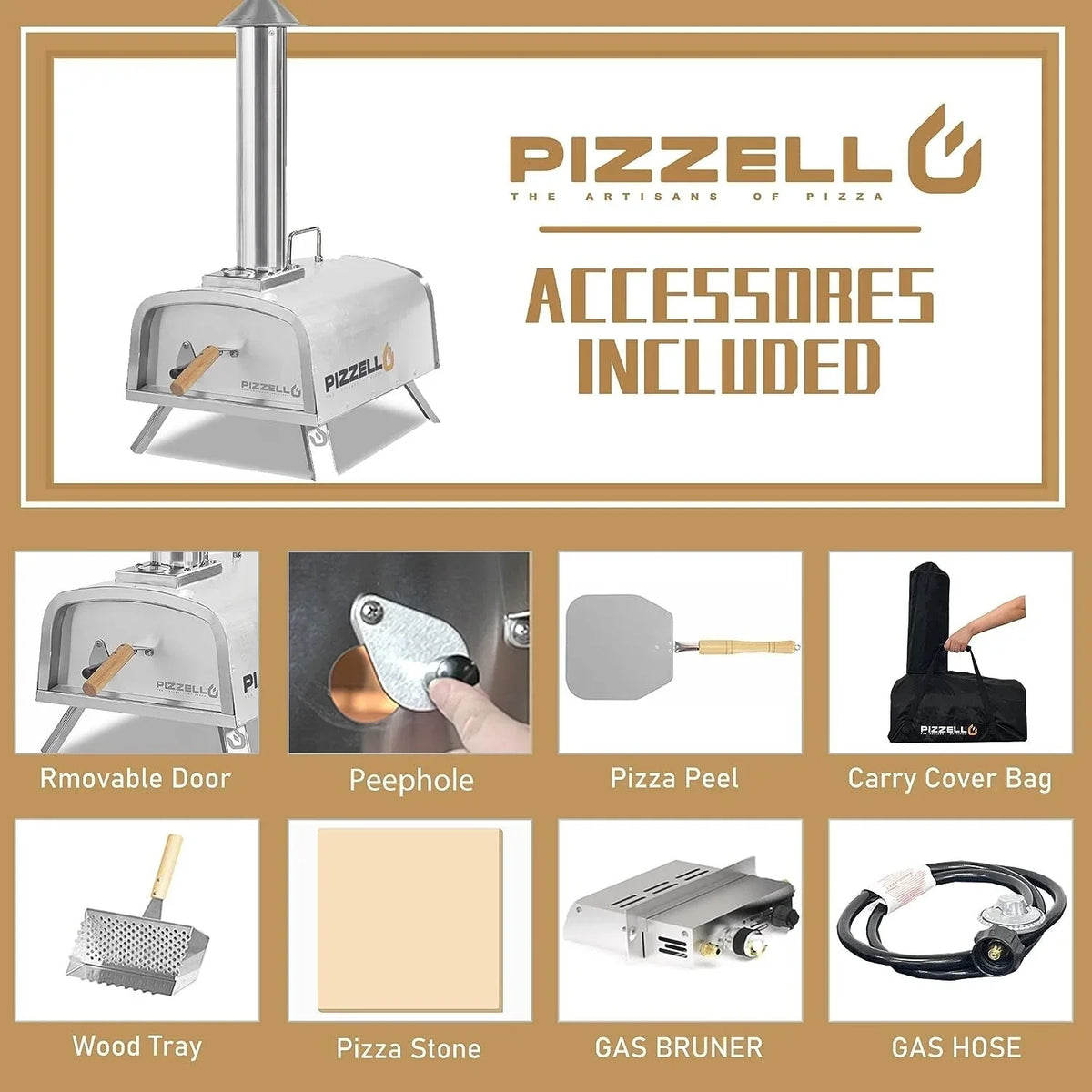 Multifuel-Pizzaofen für draußen, Pizzabäcker für Steinofenpizza mit Gasbrenner und Holzbox - 12 inch
