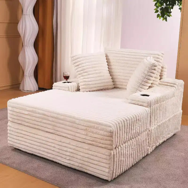 Grande chaise longue d’intérieur avec pouf de rangement, canapé-lit nuage en velours côtelé rembourré avec 3 coussins, fauteuil convertible une place