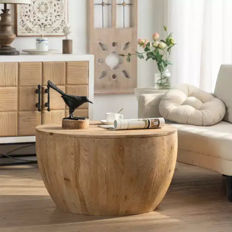 Table basse ronde rétro avec rangement, en bois, adaptée au salon, à la salle à manger ou au bureau.
