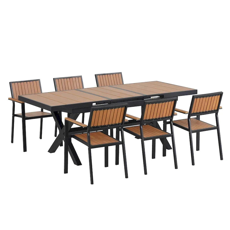 Ensemble de repas d’extérieur extensible 7 pièces avec table extensible et 6 fauteuils