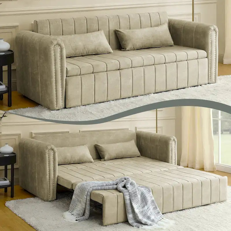 Moderner, wandelbarer Schlafsofa-Loungesessel aus Samt mit gerollten Armlehnen, verziert mit Kupfernägeln