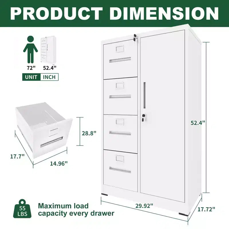 Metall-Aktenschrank mit Schloss, Stahlschrank mit 4 Schubladen
