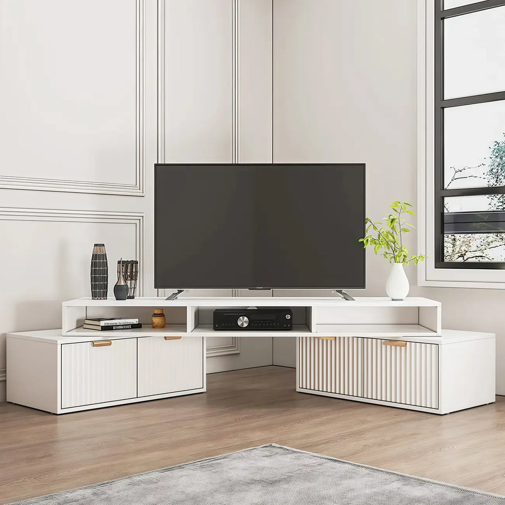 Moderne witte hoek-tv-meubel met 2 lades en open opbergruimte