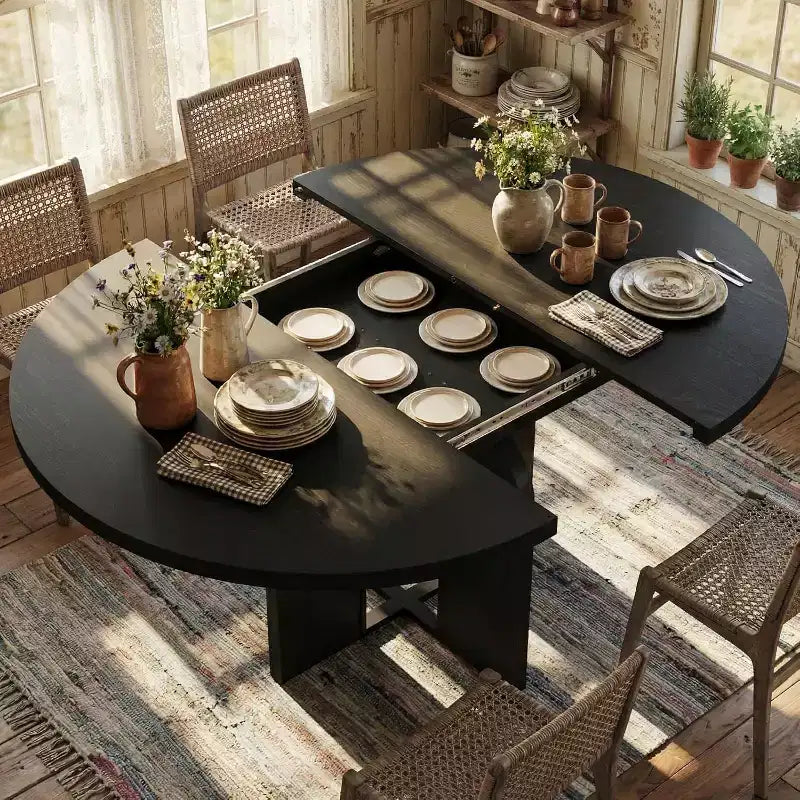 Table de salle à manger ronde extensible de 47-63 po pour 4-8 personnes, table de cuisine extensible en bois de style campagnard avec structure métallique, forme ovale peu encombrante pour appartement, gris rétro