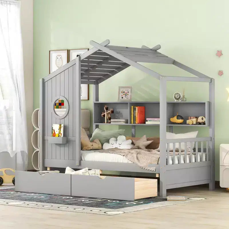 Holzhausbett in Twin-/Full-Size mit 2 Schubladen, Kinderbett mit Ablagefach - ModernLuxe