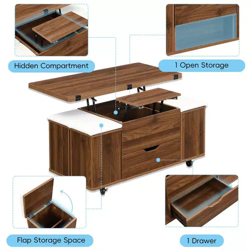 Table basse moderne multifonctionnelle à plateau relevable avec rangement caché, 4 tabourets et roulettes, idéale pour les espaces de vie modernes