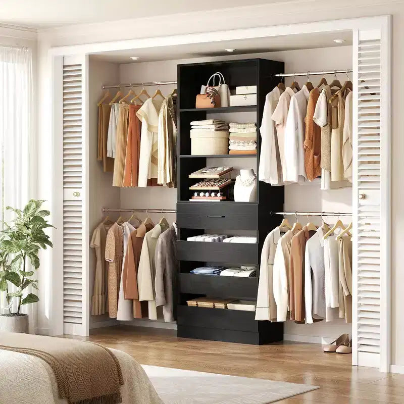 Système d'aménagement de dressing en bois Besiost de 4 à 9 pi avec 4 tiroirs, 4 tringles et des colonnes d'étagères