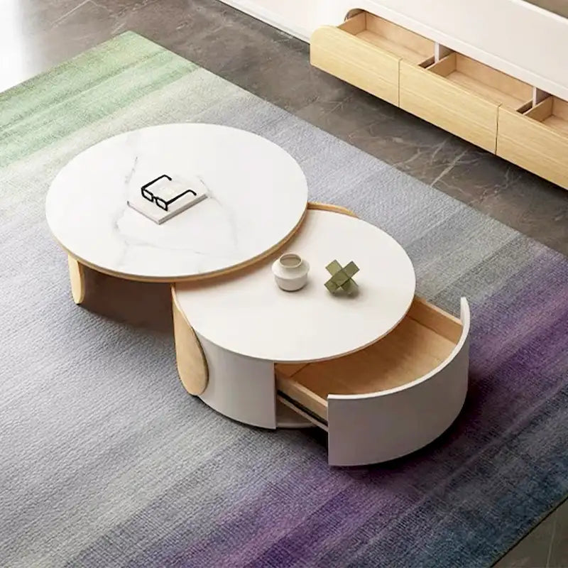 Moderner runder Couchtisch, Tischplatte aus Stein, Naturholz - 50  x 31.5