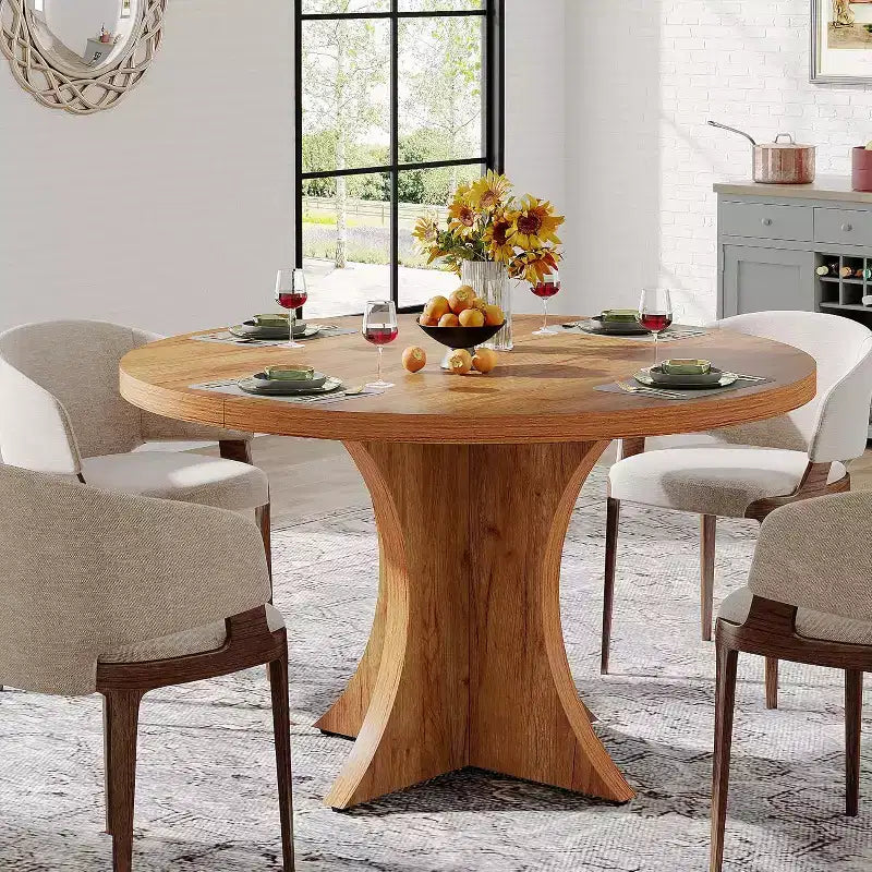 Lantine runder Esstisch mit 47.24 Zoll Durchmesser für 4-6 Personen, Küchentisch im Landhausstil mit Säulenfuß, kleiner Esstisch für Esszimmer und Wohnzimmer, braun