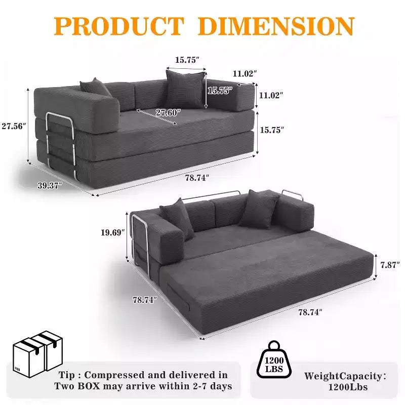 Dyonery 78 Klappsofabett, umwandelbares Cordsofa, Kingsize-Bodenschlafsofa, 4-in-1-DIY-Kombination, modulares Schlafsofa zum Ausklappen, bequemes Sofa.