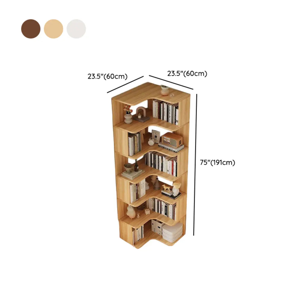 Hoekboekenkast van bewerkt hout met 6 planken