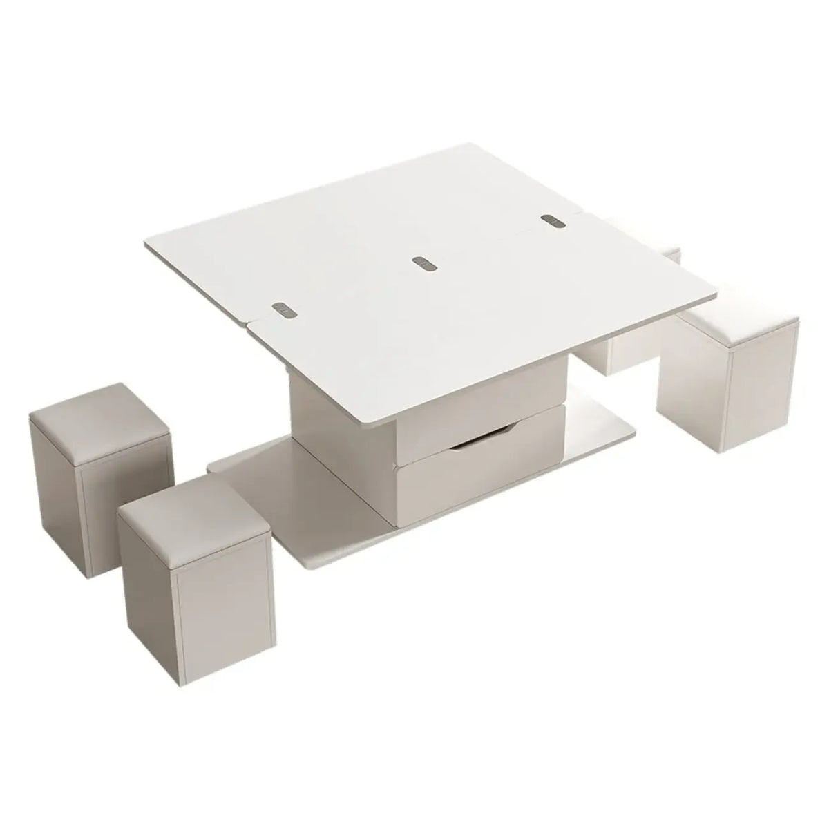 Klappbarer Couchtisch mit Hubplatte, 4 Hockern und Stauraum