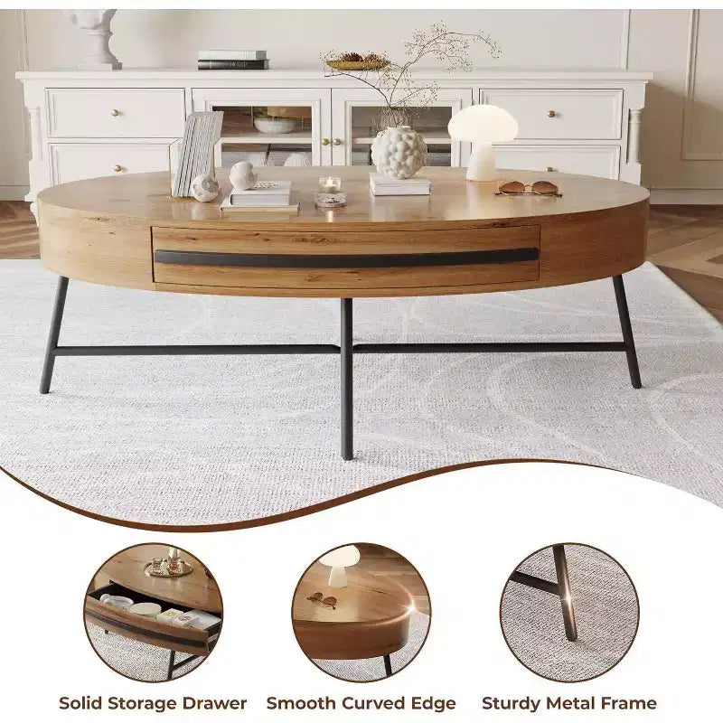 Acekool ovaler Couchtisch mit Schublade, 47.2, Holztisch mit Stauraum und gekreuzten Metallbeinen, moderner Mid-Century-Couchtisch in Naturfarben und goldenem Weidenholz