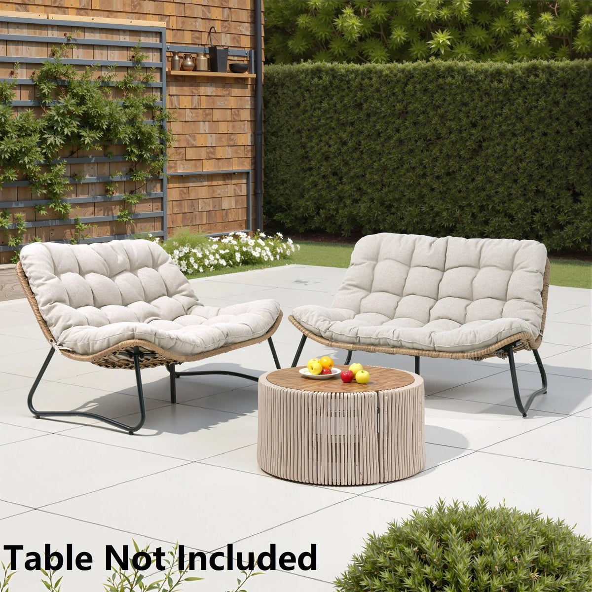 Doppel-Papasan-Sofa mit Sitzkissen, wetterfestes PE-Rattan und Metallgestell für Innen- und Außenbereich