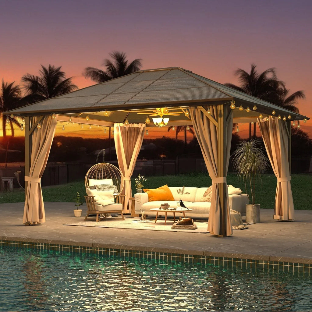 EROMMY Pavillon mit festem Dach, Pergola für den Außenbereich mit Doppeldach, Moskitonetz und Vorhängen, strapazierfähiges Sonnendach für Terrasse, Garten und Poolpartys