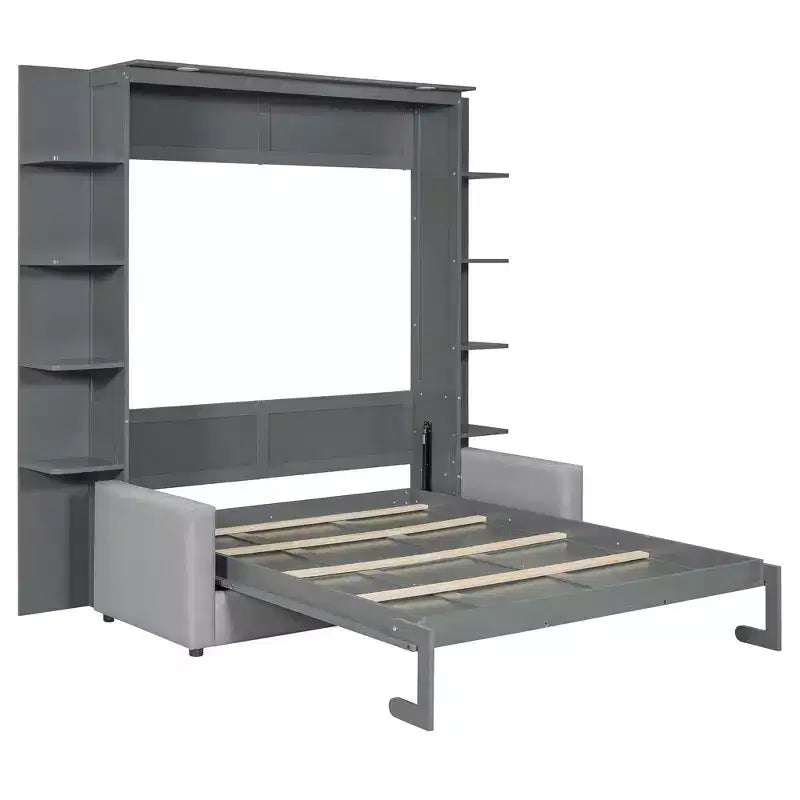 Queensize Murphy-bed met bank, opklapbed in kastformaat met boekenkast en planken voor de logeerkamer of het kantoor