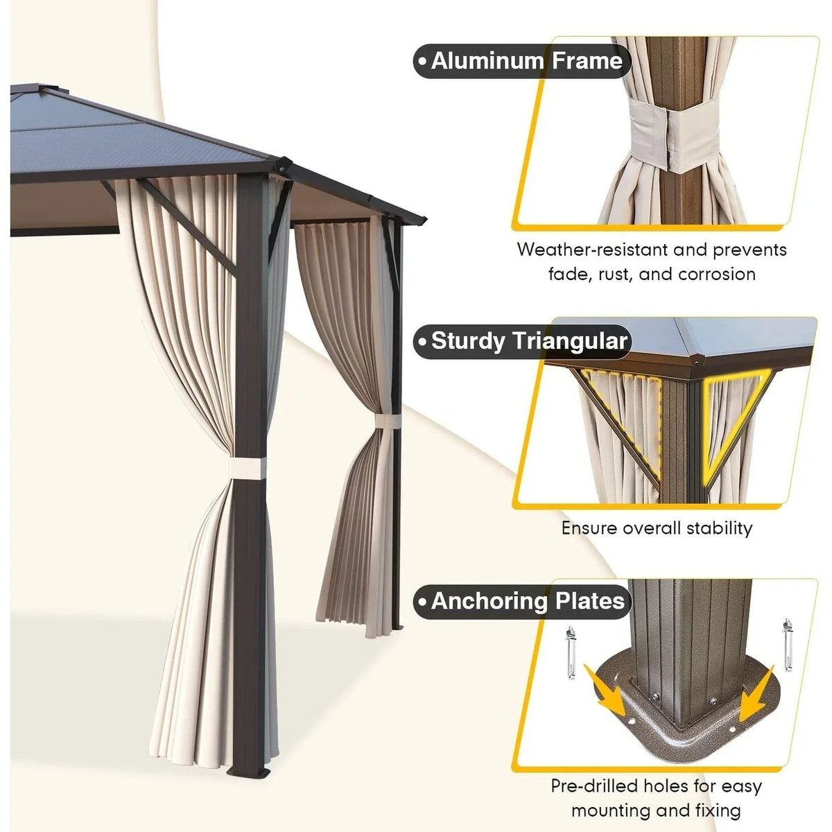 EROMMY Pavillon mit festem Dach, Pergola für den Außenbereich mit Doppeldach, Moskitonetz und Vorhängen, strapazierfähiges Sonnendach für Terrasse, Garten und Poolpartys