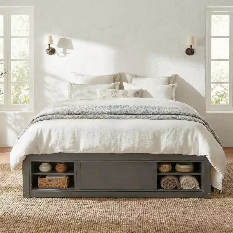Cadre de lit plateforme grand lit Whisen avec 4 tiroirs de rangement et rangement dans le pied de lit