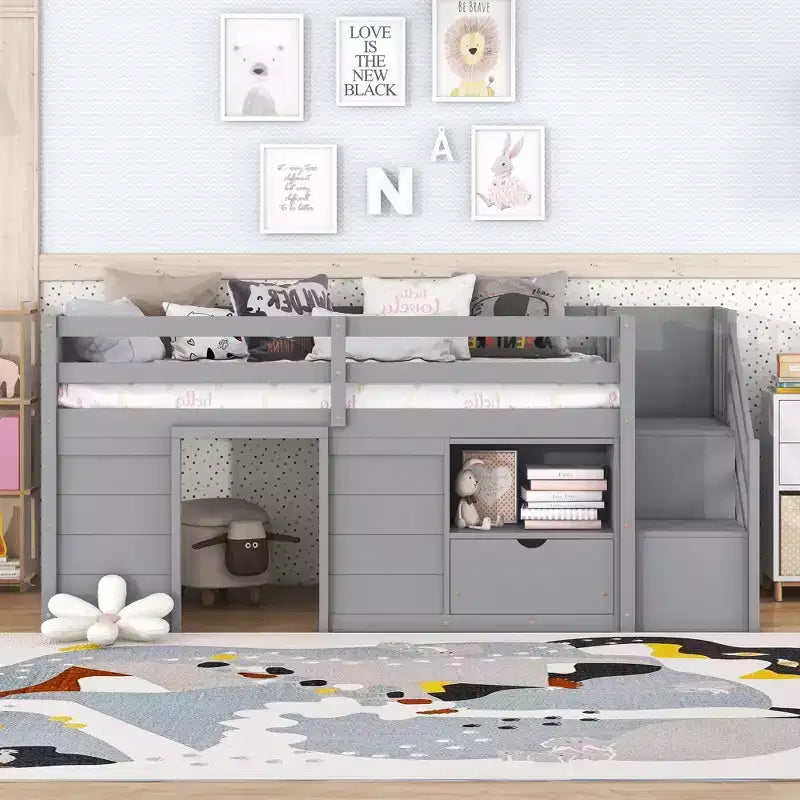 Łóżko typu low loft z litego drewna, rozmiar Twin, 94.6L x 42.3W, ze schodkami, szufladą i półką, nowoczesny i prosty design