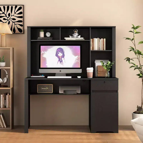 Moderner Computertisch mit Aufsatz und Bücherregal, 51.18IN, Bürotisch mit viel Stauraum, Schreibtisch für Arbeitszimmer und Leseraum
