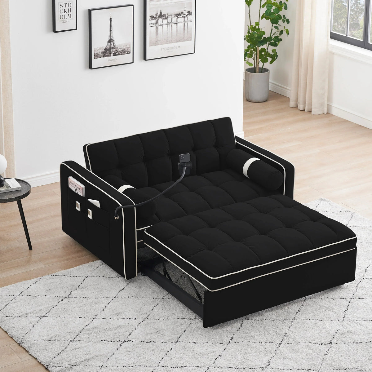 Canapé-lit convertible 2 places en velours de 55', avec lit escamotable, dossier inclinable réglable, poches latérales et support pour téléphone