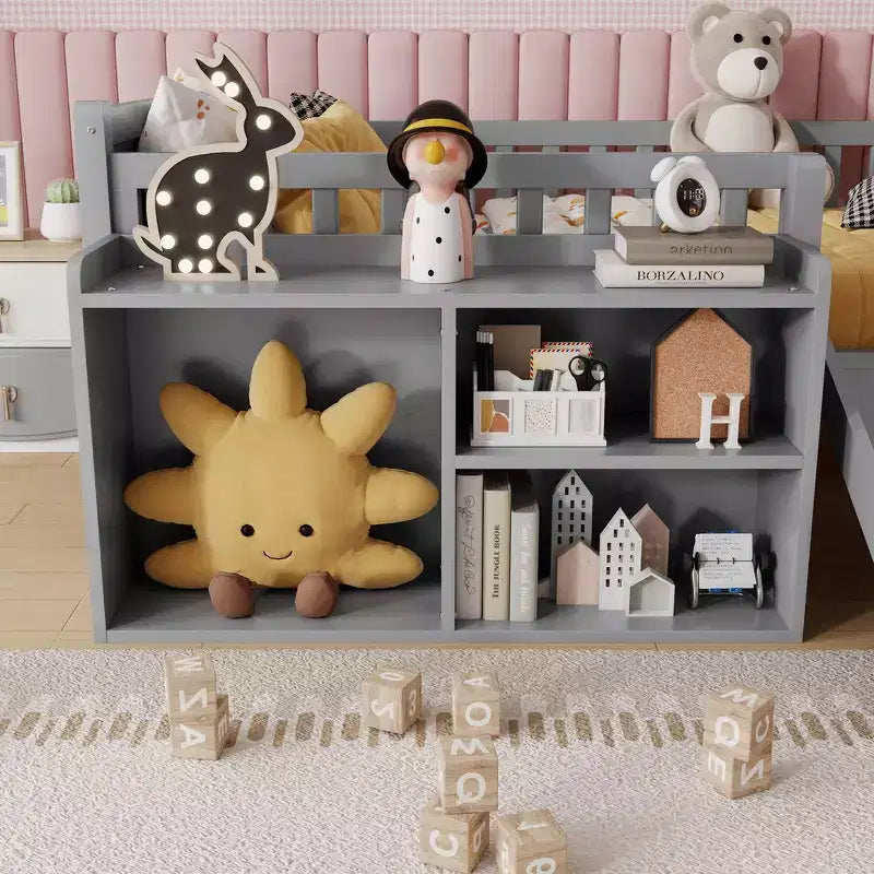 Whisen niedriges Hochbettgestell in Twin-Größe für Kinder, mit Rutsche, beweglichem Bücherregal-Stauraum und Schutzgeländern