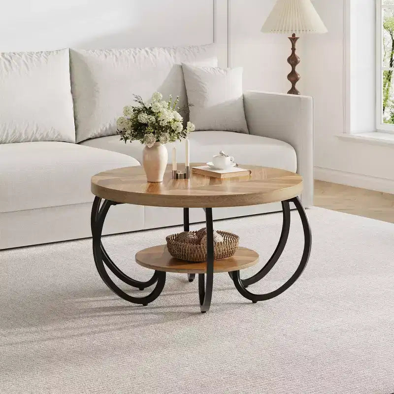 Table basse industrielle ronde de 30 pouces à 2 niveaux avec pieds réglables, étagère à effet bois, motif flamme, montage facile, salon