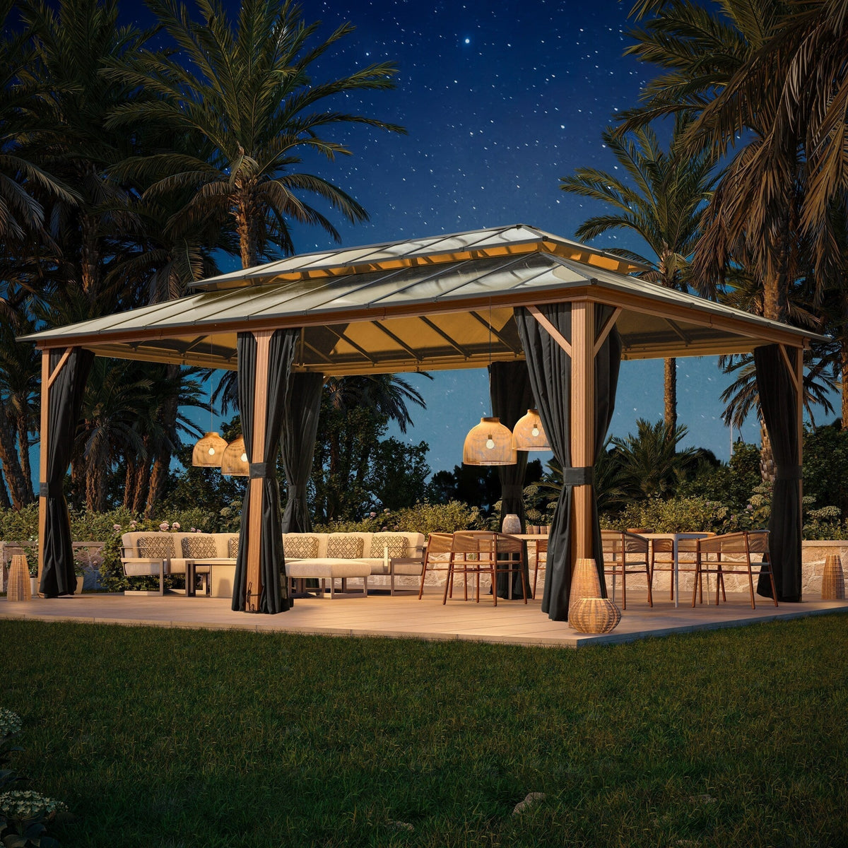 EROMMY Pavillon mit festem Dach, Pergola für den Außenbereich mit Doppeldach, Moskitonetz und Vorhängen, strapazierfähiges Sonnendach für Terrasse, Garten und Poolpartys