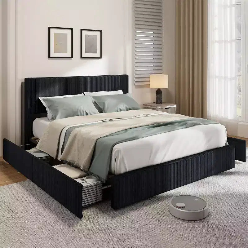 Cadre de lit en velours côtelé CuisinSmart avec tête de lit, lit plateforme rembourré avec 4 tiroirs de rangement et support à lattes en bois