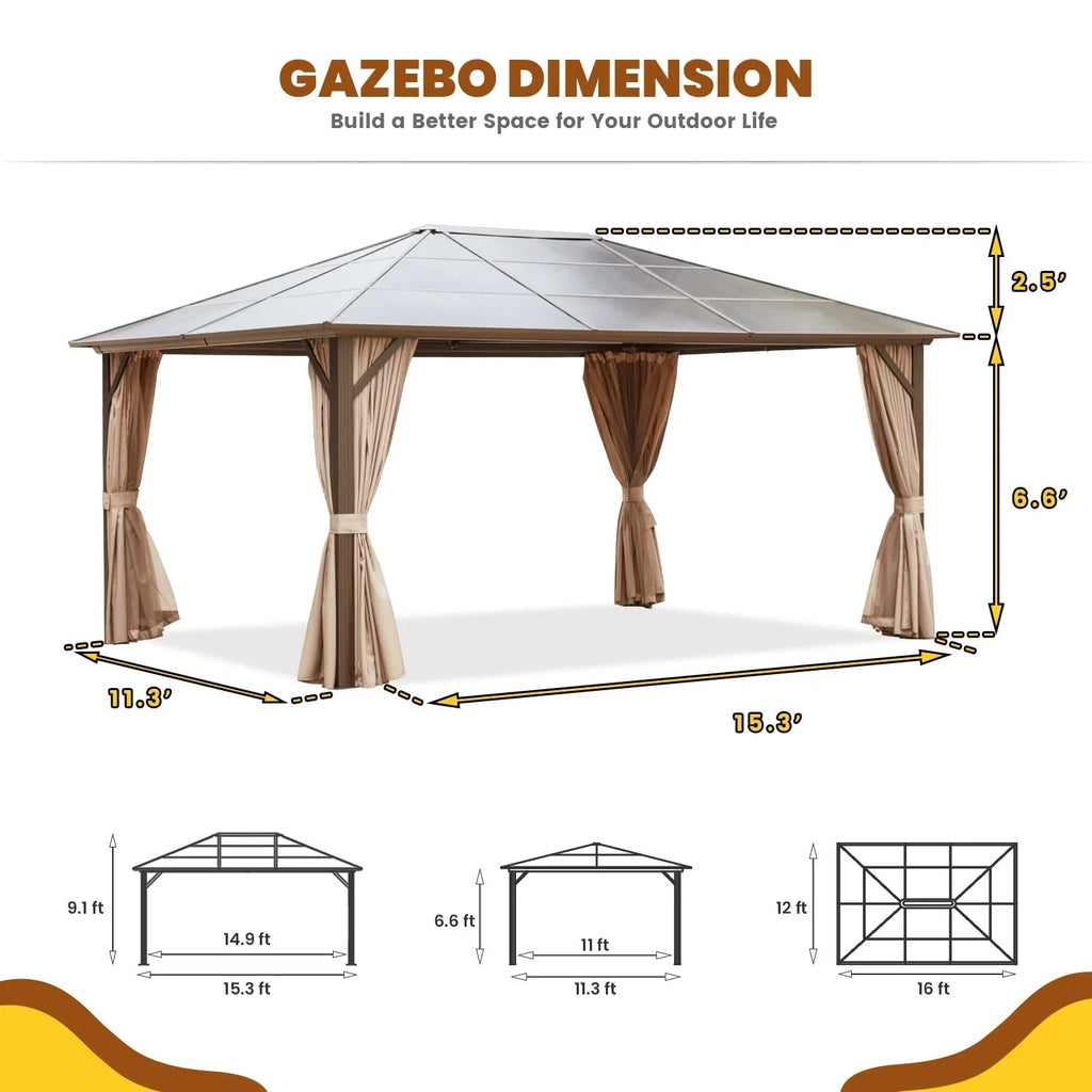 EROMMY Pavillon mit festem Dach, Pergola für den Außenbereich mit Doppeldach, Moskitonetz und Vorhängen, strapazierfähiges Sonnendach für Terrasse, Garten und Poolpartys