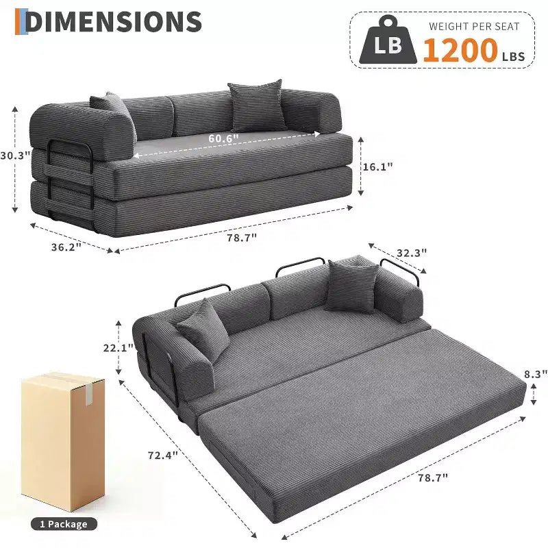 2-in-1-Schlafsofa, bequemes Klappsofa aus Cord mit tiefer Sitzfläche und breiten Armlehnen, Sofa ohne Gestell, für Wohnzimmer und Wohnungen