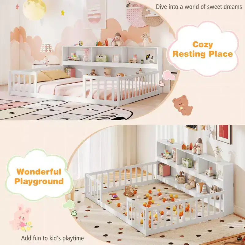 Łóżko podłogowe Montessori Twin/Full z półkami na książki i barierkami zabezpieczającymi, białe/szare