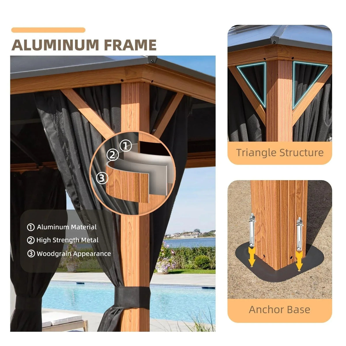 EROMMY Pavillon mit festem Dach, Pergola für den Außenbereich mit Doppeldach, Moskitonetz und Vorhängen, strapazierfähiges Sonnendach für Terrasse, Garten und Poolpartys